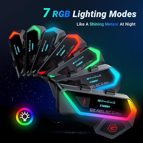 Miniatura 5 de GEARELEC Auriculares Bluetooth para casco de motocicleta V5.2BTSonido estéreo de alta fidelidadPantalla y luces RGB 80Mph Sistemas de comunicación