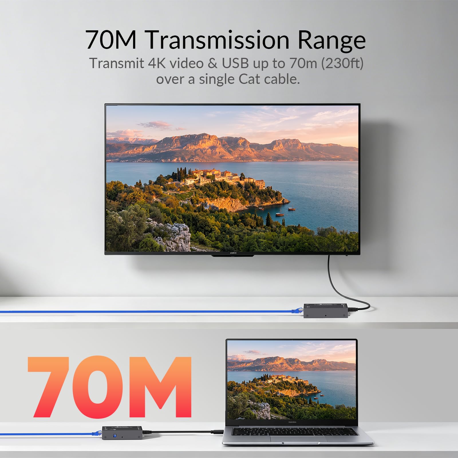 Prolunga KVM 4K HDMI USB 70 m Cat6 Zero Latency HDCP EDID PoC | Trasmissione video ad alta definizione a lunga distanza tastiera mouse controllo loop out audio supporto installazione semplicità