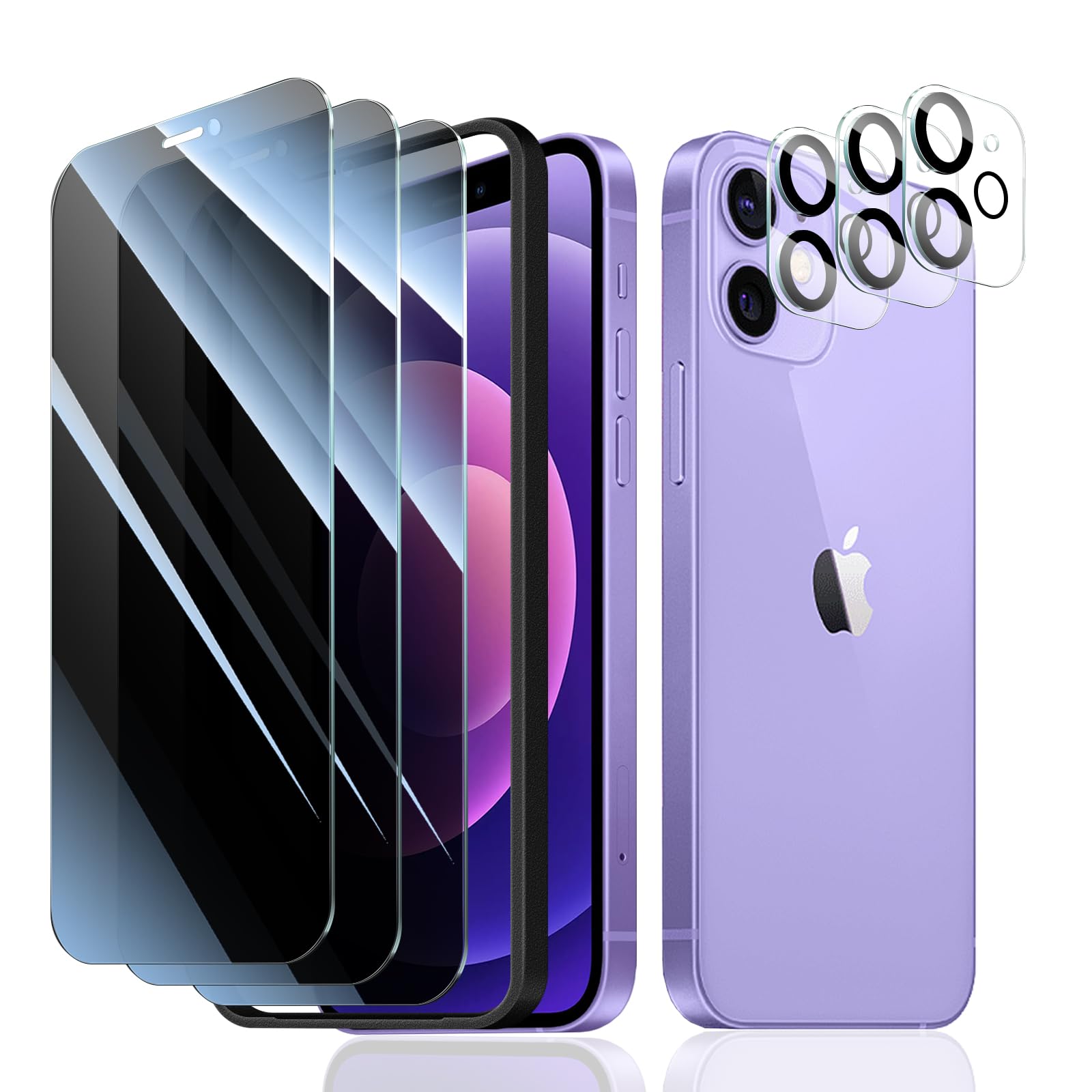Fynorao 3+3+1-Pack, Privacy Screen Protector and Camera Lens Protector for iPhone 12 with Installation Alignment Aid, Anti-Spy Tempered Glass Film,