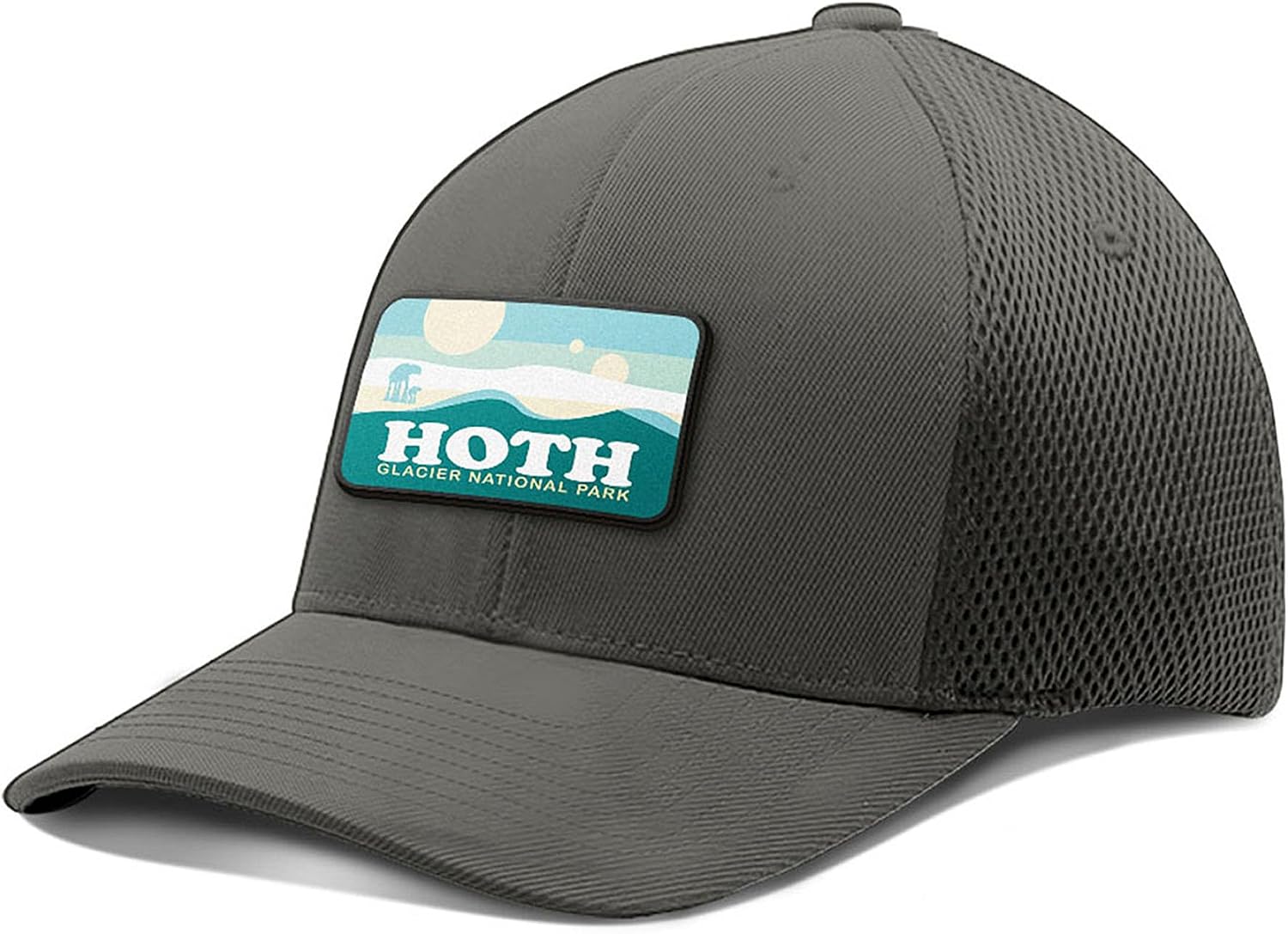 Hoth National Park Hat Busted Tees Hoth Patch Hat for Casual Wear - Baseball Cap Mens Breathable Flex Fit Ultrafibre Airmesh Fitted Cap (Charcoal, Small-Medium, s)