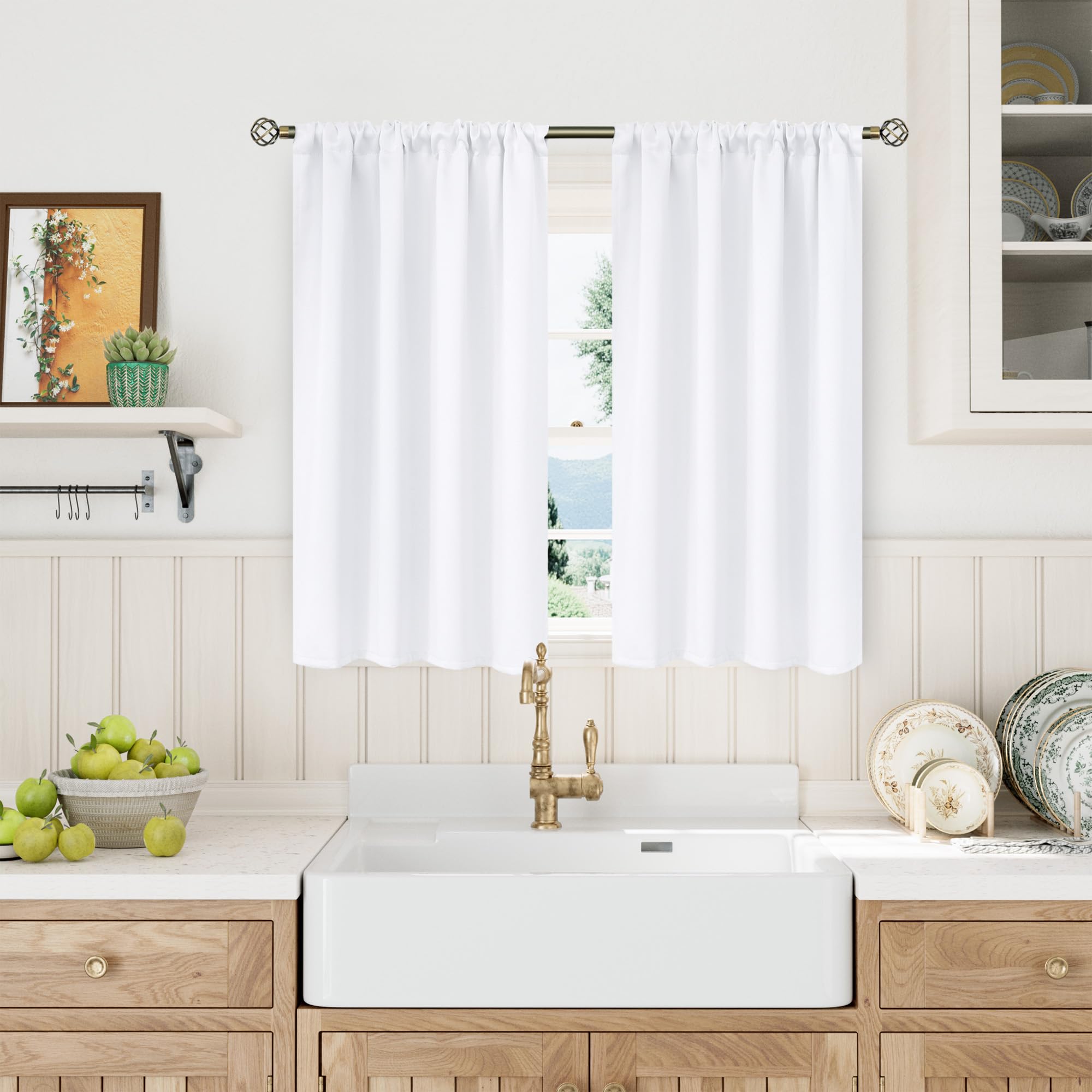 BGment Rod Pocket White Curtains 40 Inches Length for Kitchen Cafe Window - Privacy Protection Short Window Treatment Drapes for Bathroom Bedroom Home Decor, 2 Panels, Pure White, 42 x 40 Inch โ image 1