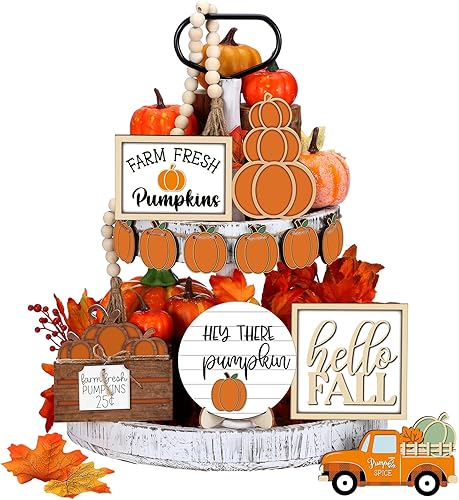 Maitys 1 juego de decoración de bandeja escalonada de Acción de Gracias, decoración de bandeja escalonada de otoño, hojas de calabaza, decoración