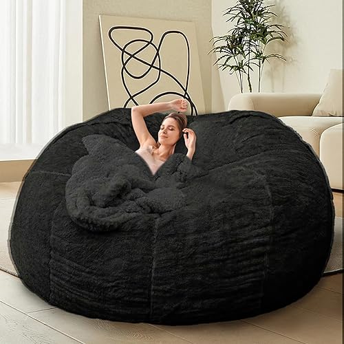 HDMLDP Bean Bag Chair for Adults Kids Without Filling Comfy Fluffy Giant Round Beanbag Lazy Sofa Cover for Reading Chair Floor Chair, 6FT, Black - 6FT - Black