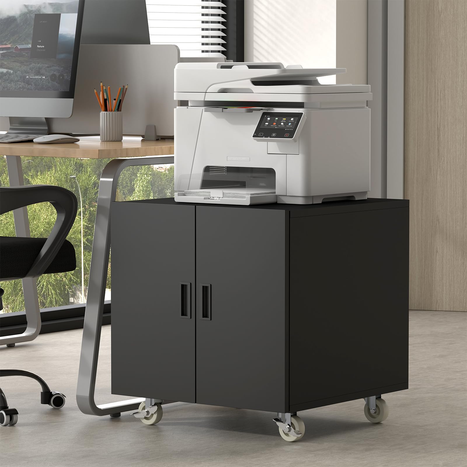 Printer Stand with Storage, Metal Printer Table for Home Office, Heavy Duty Printer Stand with Shelf, Large Table with Wheels for Printers, Mobile Cabinet for Workplace, Fits Fax, Scanner