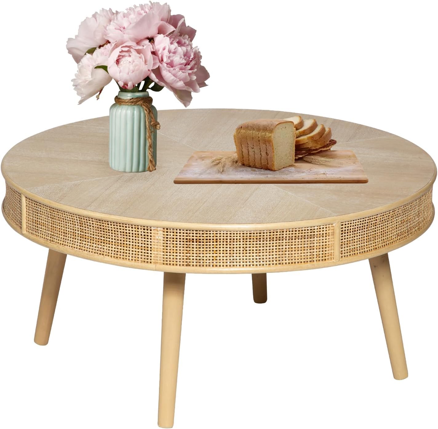 RUSTOWN 2-Piece Farmhouse Coffee Table, Modern Rustic Sofa Side Tea Tables, Solid Wood Finish with Crafted Rattan Side and End Table Sets for Living Room (Natural)