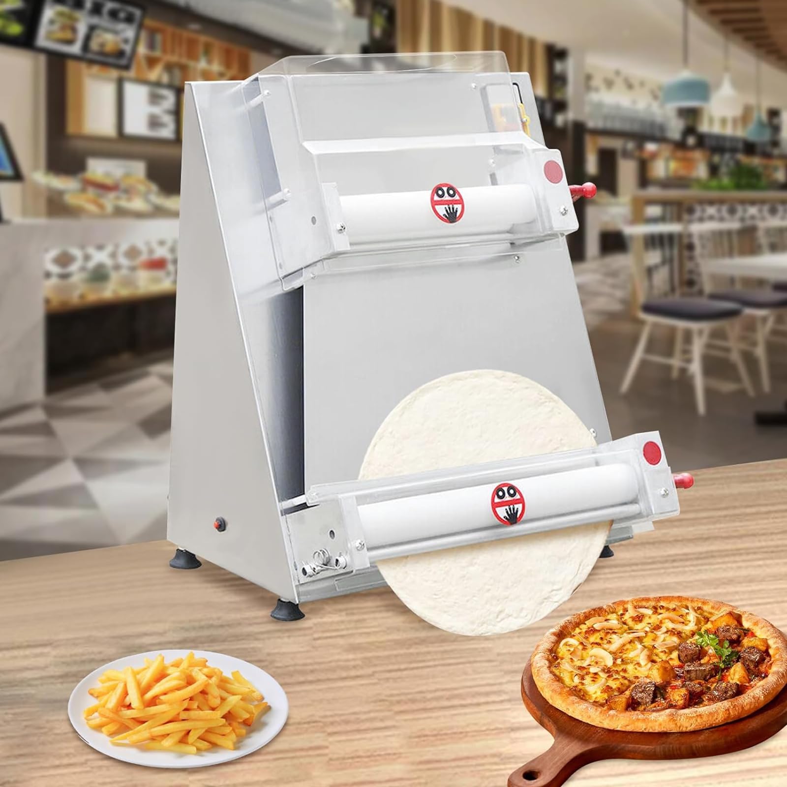 Pressa per Pizza Professionale, Sfogliatrice Automatica per Pizza con 2 Rulli Regolabili, Dimensione Pizza da 3 a 38 Cm E Spessore Regolabile da 0,6 Cm a 0,5 Cm, capacità di 250 Pizze/h