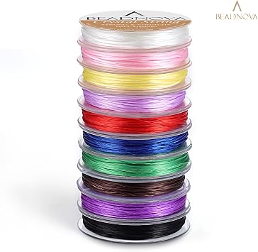 BEADNOVA 1mm مطاطا تمتد كريستال سلسلة الحبل لصنع المجوهرات سوار الخرز الخيط ( 12m / لفة ، إجمالي 10 لفات مختلطة اللون )