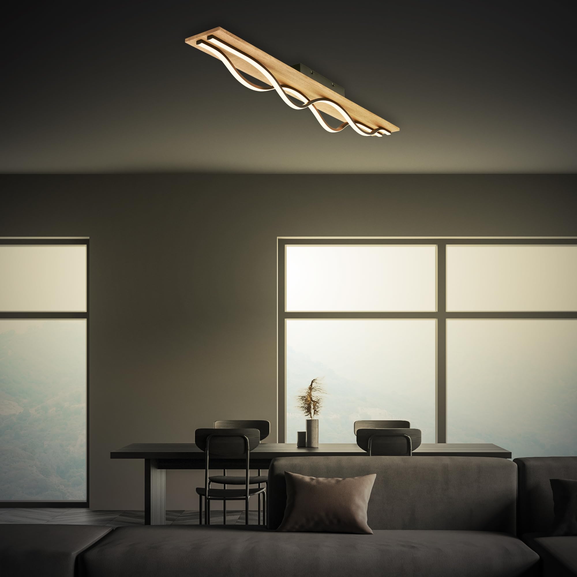 BRILONER - LED Deckenlampe Vintage mit Wellenform, warmweißes Licht, Holzbasis, LED Deckenleuchte, Lampe, Wohnzimmerlampe, Schlafzimmerlampe, Küchenlampe, Deckenbeleuchtung, 98 cm, Schwarz-Holz