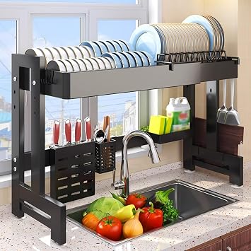 Expandable Adjustable Dish Drying Rack Over Sink, Kitchen Storage Rack, 3-Level Height,for Most Kitchen Sinks Space-Saving(Single-Layer)