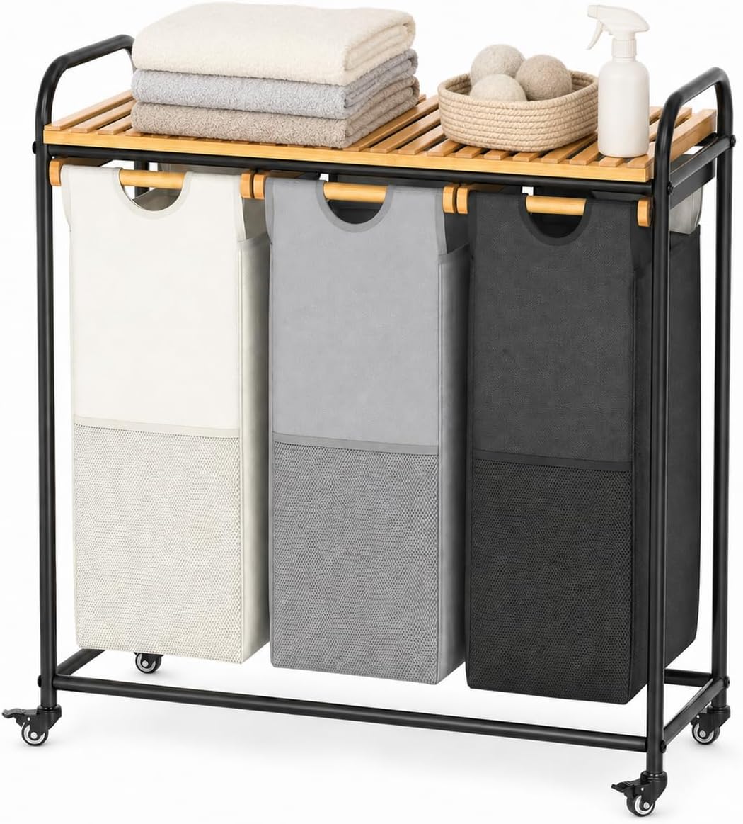 Laundry Hamper with Wheels, 105L 3 Section Rolling Laundry Sorter Cart