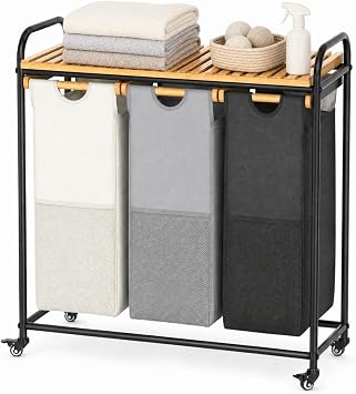 Laundry Hamper with Wheels, Laundry Hamper 3 Section and Laundry Basket, 135L Rolling Laundry Sorter Cart with Bamboo Shelf for Clothes, Towels, Bathroom, Laundry Room