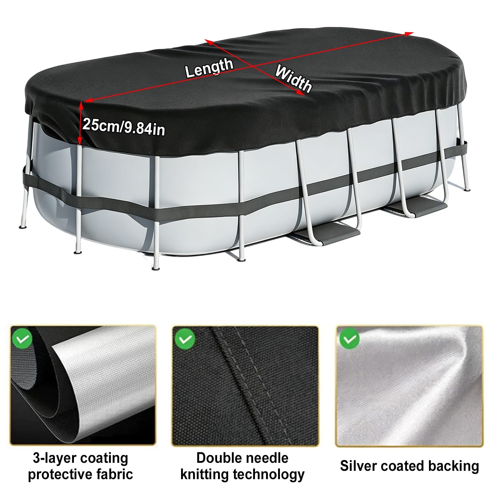 Cobertor Piscina Ovalada 9x18FT, Tela Oxford 420D Cubre Piscinas, Resistente al Agua, al Polvo y al Desgarro Cobertor Piscina Invierno con Cuerda y Estacas para el Suelo