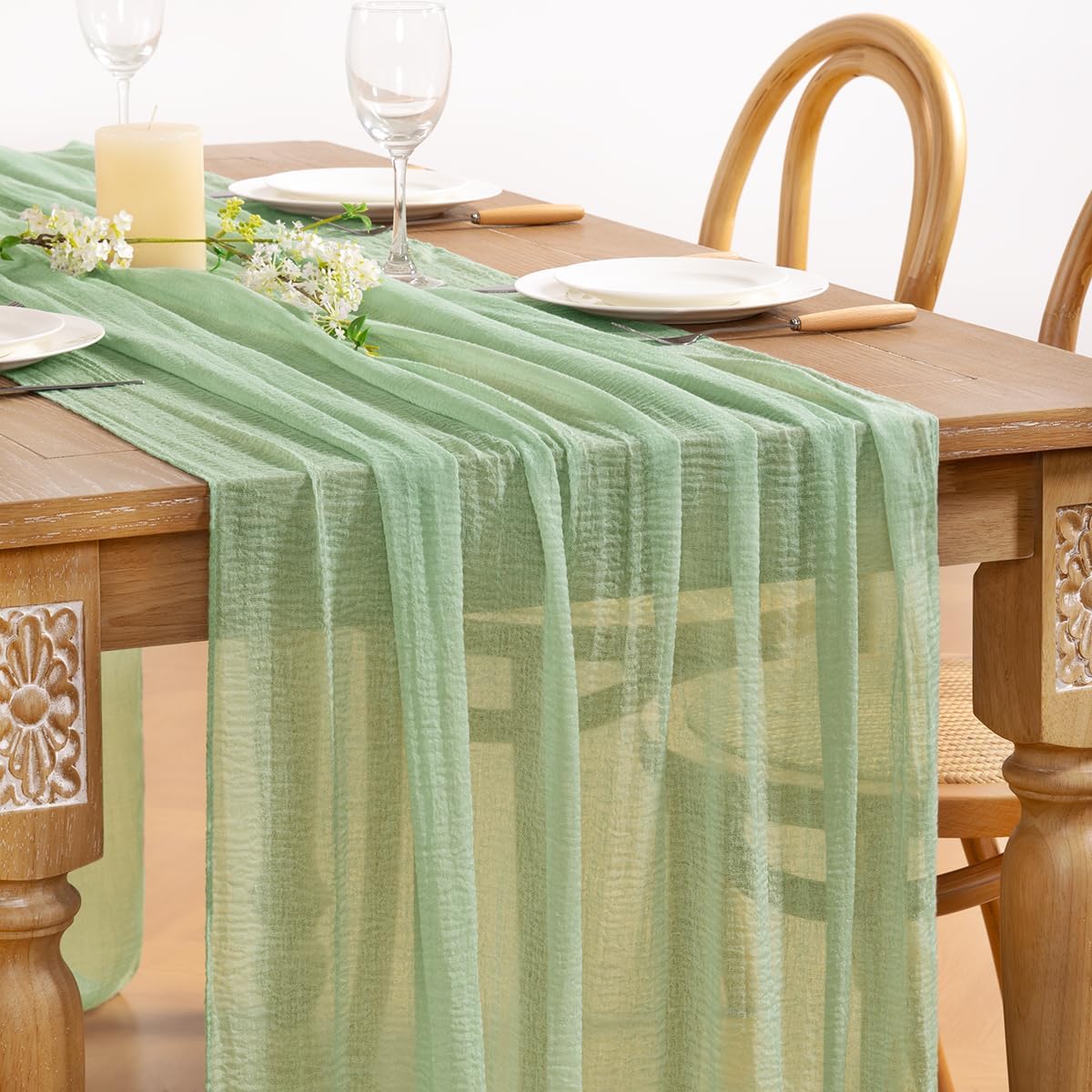 DeZerlor Sage Green Cheesecloth Table Runner 2 Pack Spring Easter Table Runners 120 inches Boho Gauze Sage Cheese Cloths for Rustic Wedding Bridal Baby Shower Decor Party