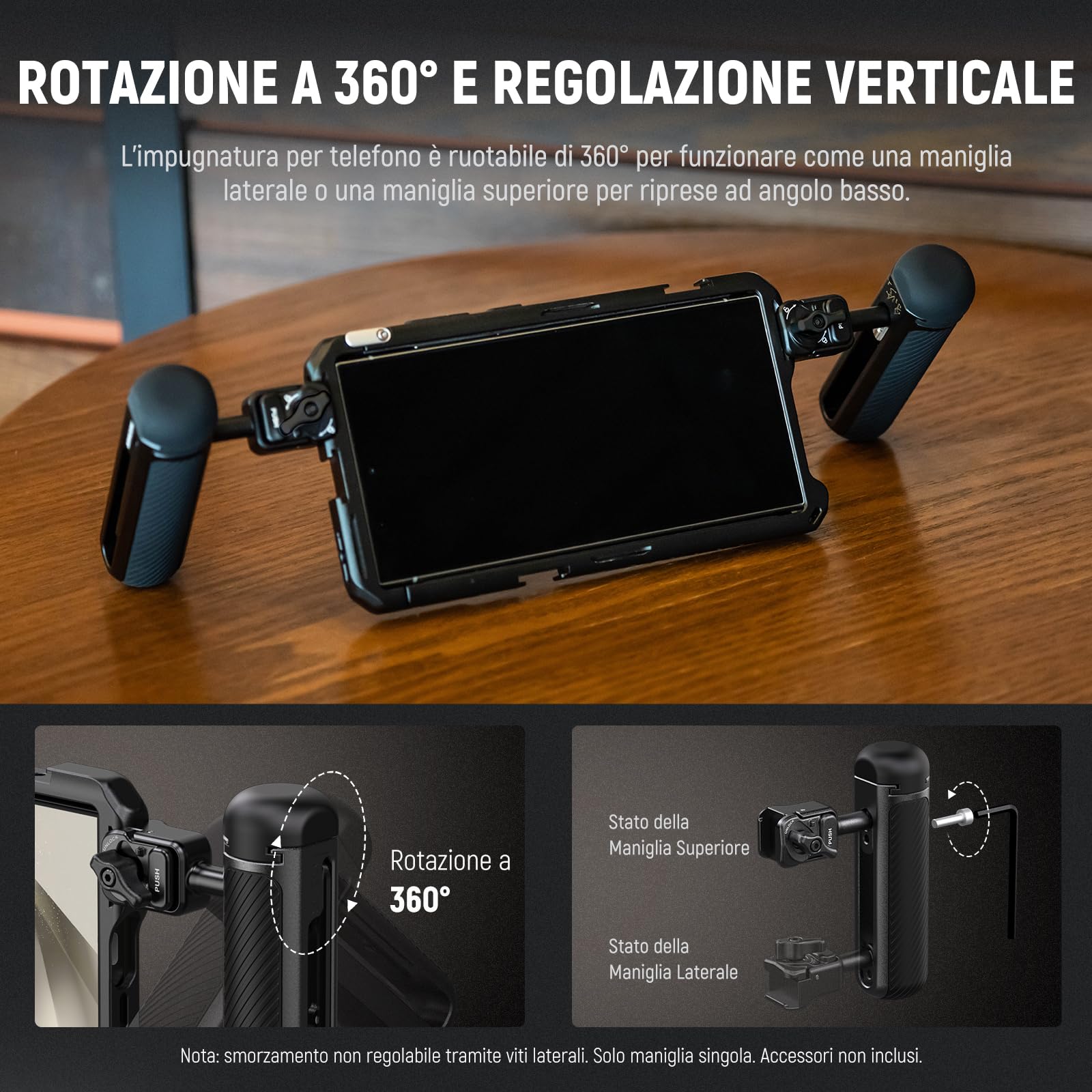 NEEWER Maniglia Laterale a Sgancio Rapido per Gabbia Telefono PA073 PA074 per iPhone 16 Pro/16 Pro Max, PA042 per Samsung S24 Ultra, con Cold Shoe Coperta, Perno Anti Caduta, Blocco Nero, PA045B