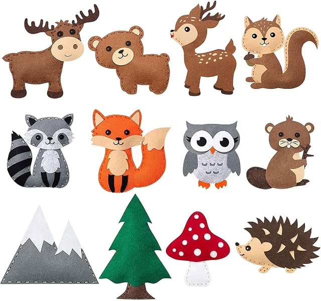 Felt Sewing Craft Kit, DIY Craft Ornaments Sewing Felt Plush Animals Fun Educational Sewing with Sewing Tools for Kids Boys Girls Beginner Children (Woodland)