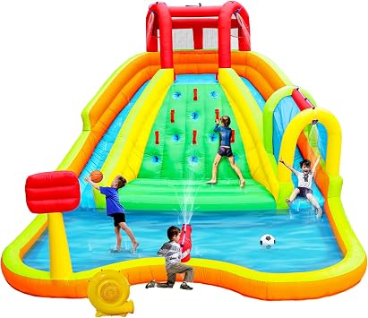 WELLFUNTIME Inflatable Water Double Slides Park, Bounce House with Arched Water Gun Spray, Jumping Castle with Air Blower