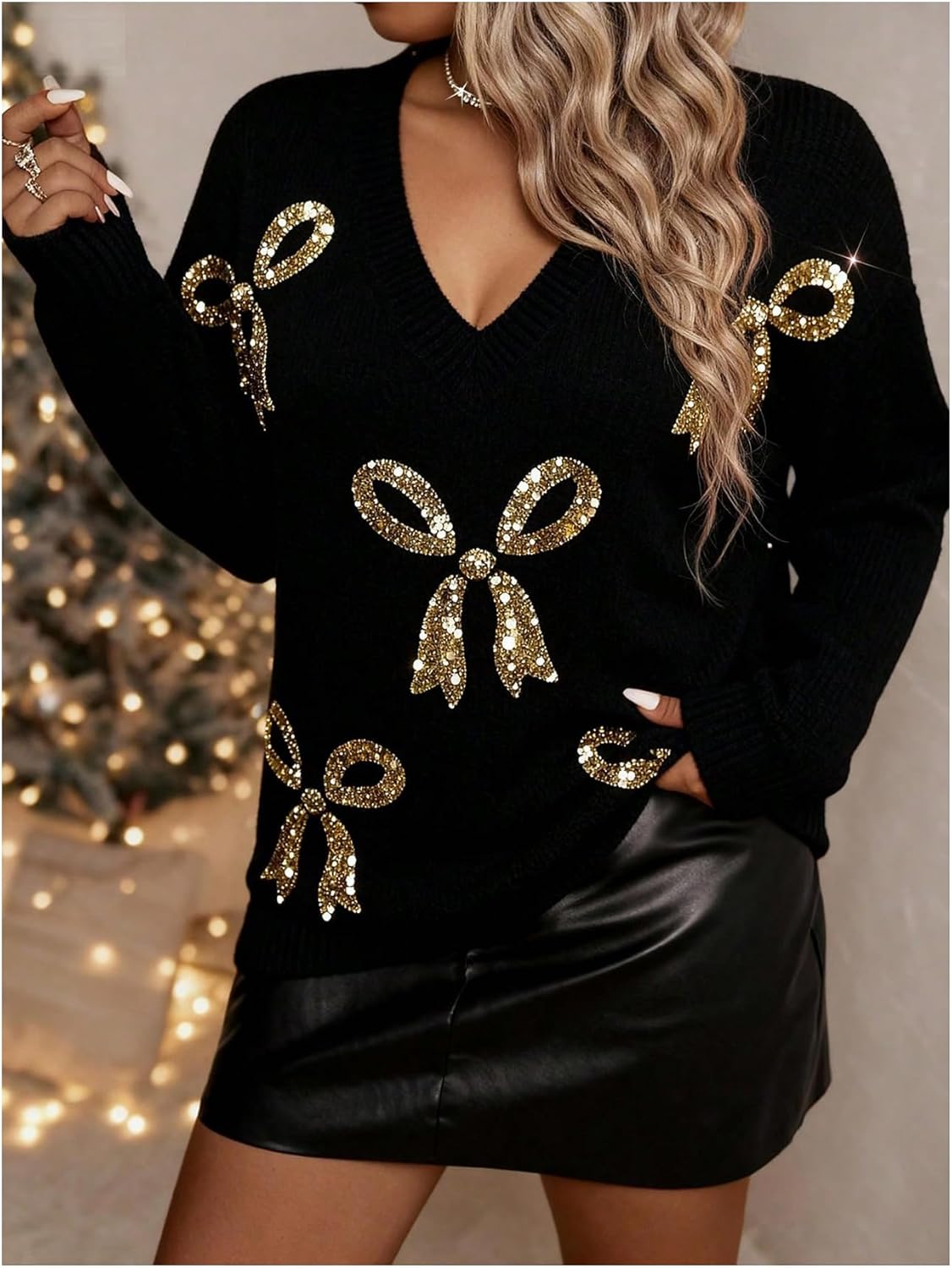 Women's Plus Size Bow Sequin Baggy Sweater Long Sleeve V Neck Chunky Sweater Sparkly Knitwear Going Out Tops - Image 5