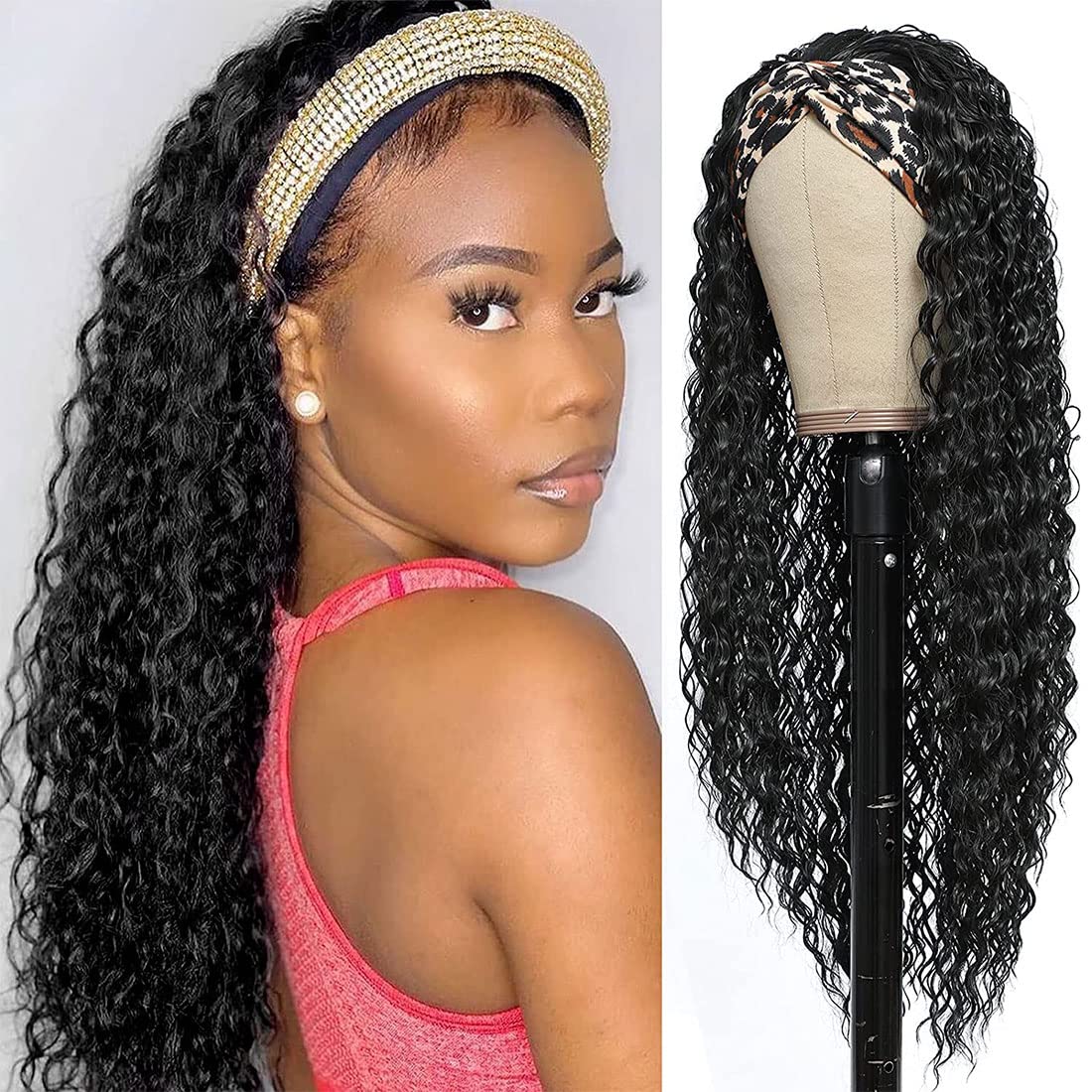 BLEXCO Headband Wig Curly Headband Wigs for Black Women Synthetic Water Wave