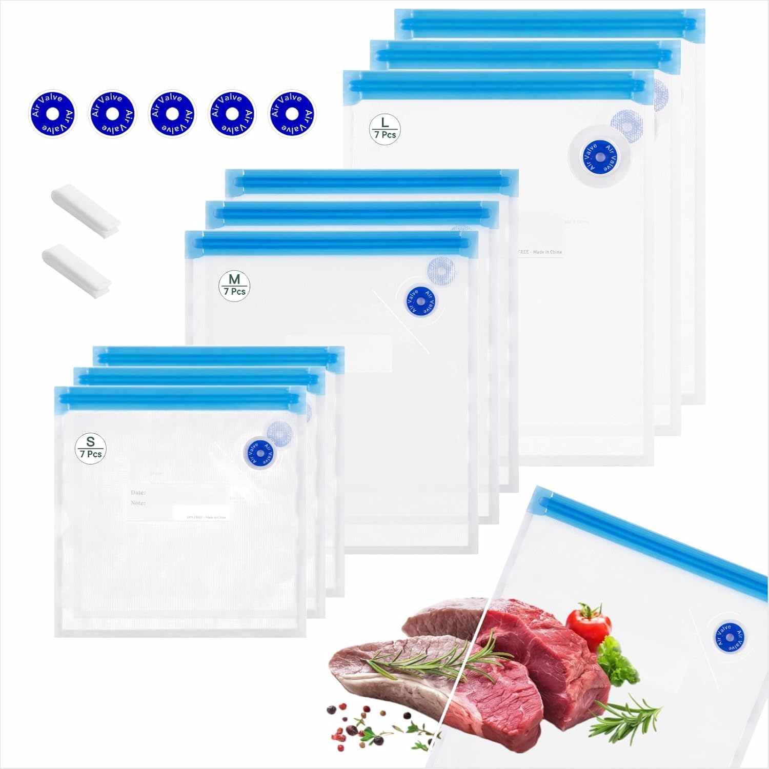 21 Pcs Reusable Vacuum Sealer Bags, 3 Size BPA Free Sous Vide Bags, with Sealing Clips & Leak-Proof Design for Sous Vide Cooking, Freezer, Microwave Heating