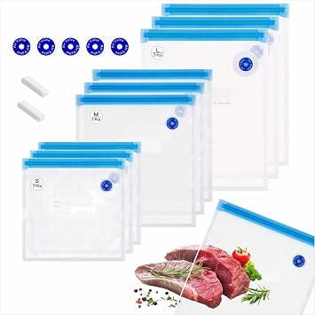 21 Pcs Reusable Vacuum Sealer Bags, 3 Size BPA Free Sous Vide Bags, with Sealing Clips & Leak-Proof Design for Sous Vide Cooking, Freezer, Microwave Heating