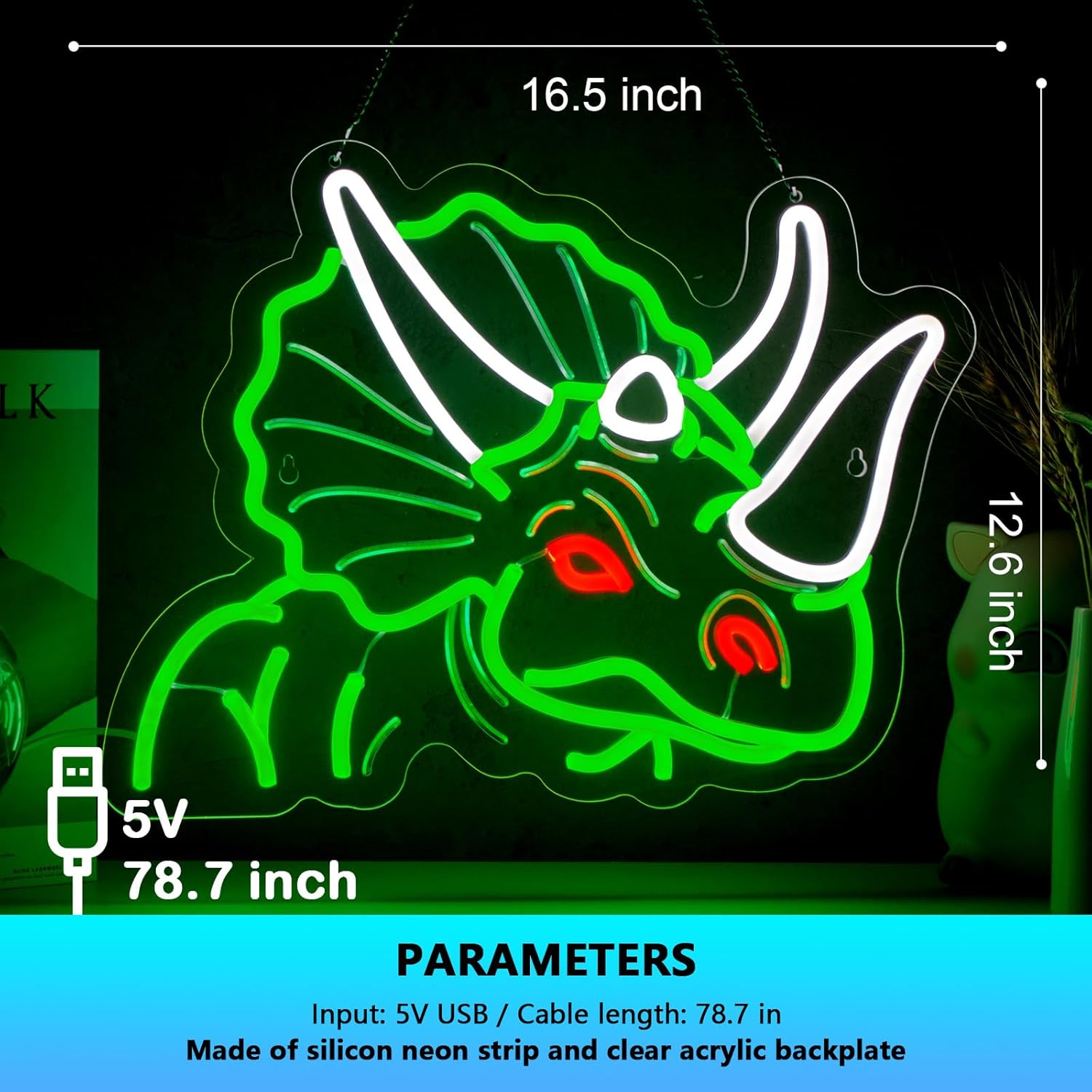 Dinosaur Neon Sign Triceratops Neon Sign for Wall Decor Dino USB Dimmable Neon Light Sign for Boys Girls Room Gameroom Holiday Birthday Christmas Gift - Image 5