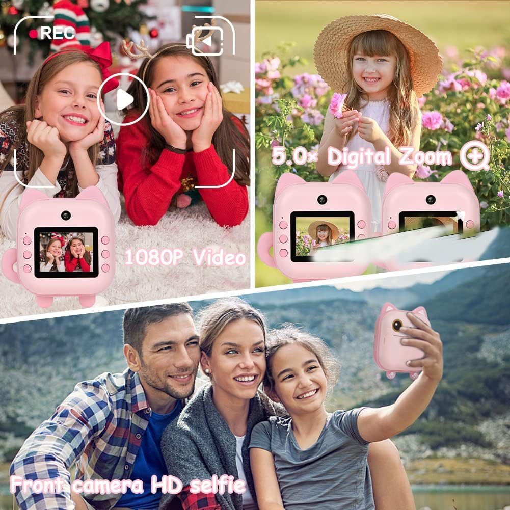 Ainiv Instant Print Camera for Kids - 2.4 Inch Dual Camera, 1080P with Print Papers & Pens, 32GB SD Card, Gifts for 3-12 Year Old Boys & Girls - Pink