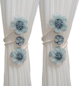 2 Pcs Flower Curtain Buckle,Artificial Flower Curtain Holdbacks Clips, Flower Curtain Ties Elegant Decorative Rope for Living Room Bedroom Window Treatment Blue
