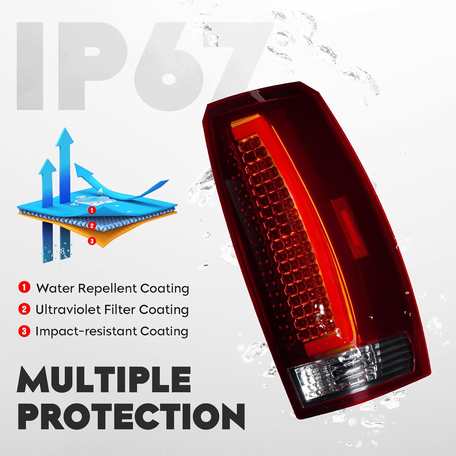 Tail Lights Assembly [LED Kit] + 3rd Third Brake Cargo Lamp Fit for Chevy Avalanche 2007-2012 Taillights, High Mount Stop Light, Chrome Housing Red Lens, 3 Pcs