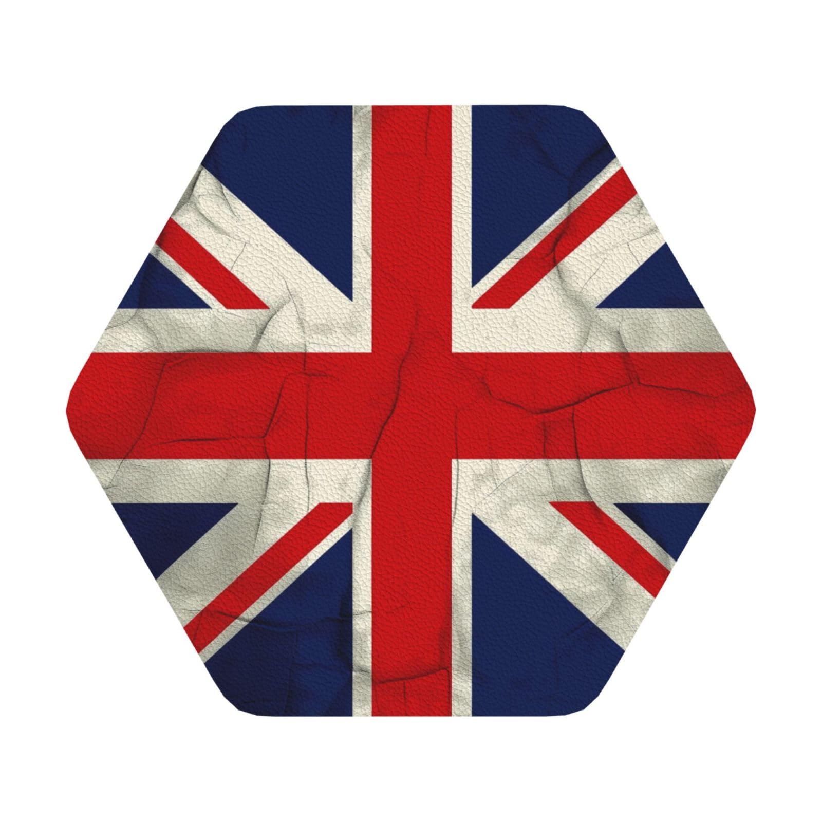 UK Flag Print Leather Coaster Set of 6, Hexagon Coasters Table Decorative Coffee Cup Beverage Coasters Wine Beer Bar Coasters for Hot Drinks Table Protection