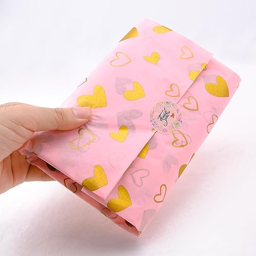 Miniatura 4 de MR FIVE 100 hojas de papel de seda rosa con corazón dorado a granel, 20 x 14 pulgadas, papel de seda con diseño de corazón dorado rosa para bolsas