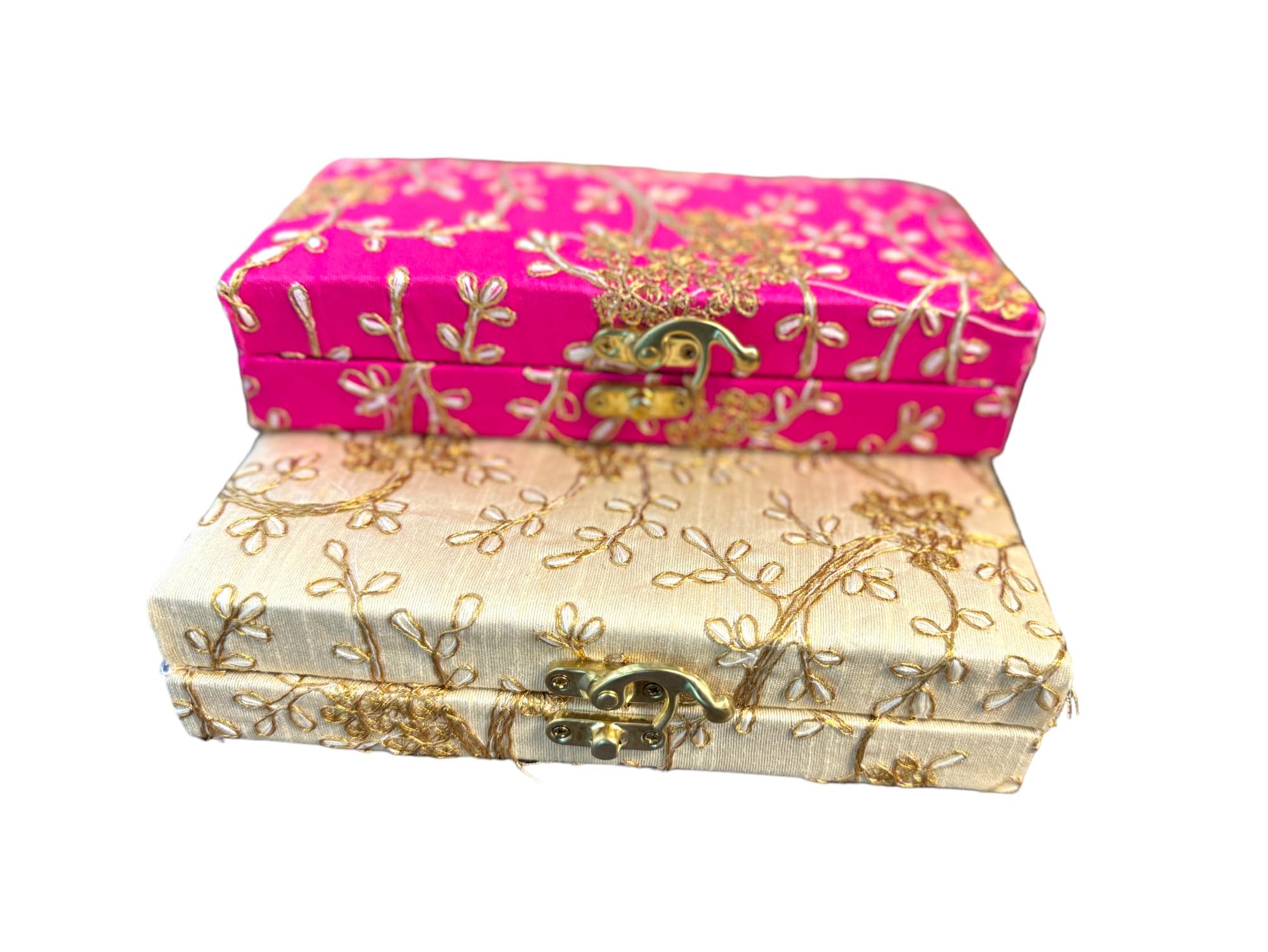 DESI BY DILDESI BY DIL Beautiful Rectangle Pink & Ivory Gift Box with Golden Embroidery Set of 2 Diwali gifts | Handmade Box | Indian Bridesmaid box | Wedding Favor | Marriage Gift | Shagun Box | Gota Boxes