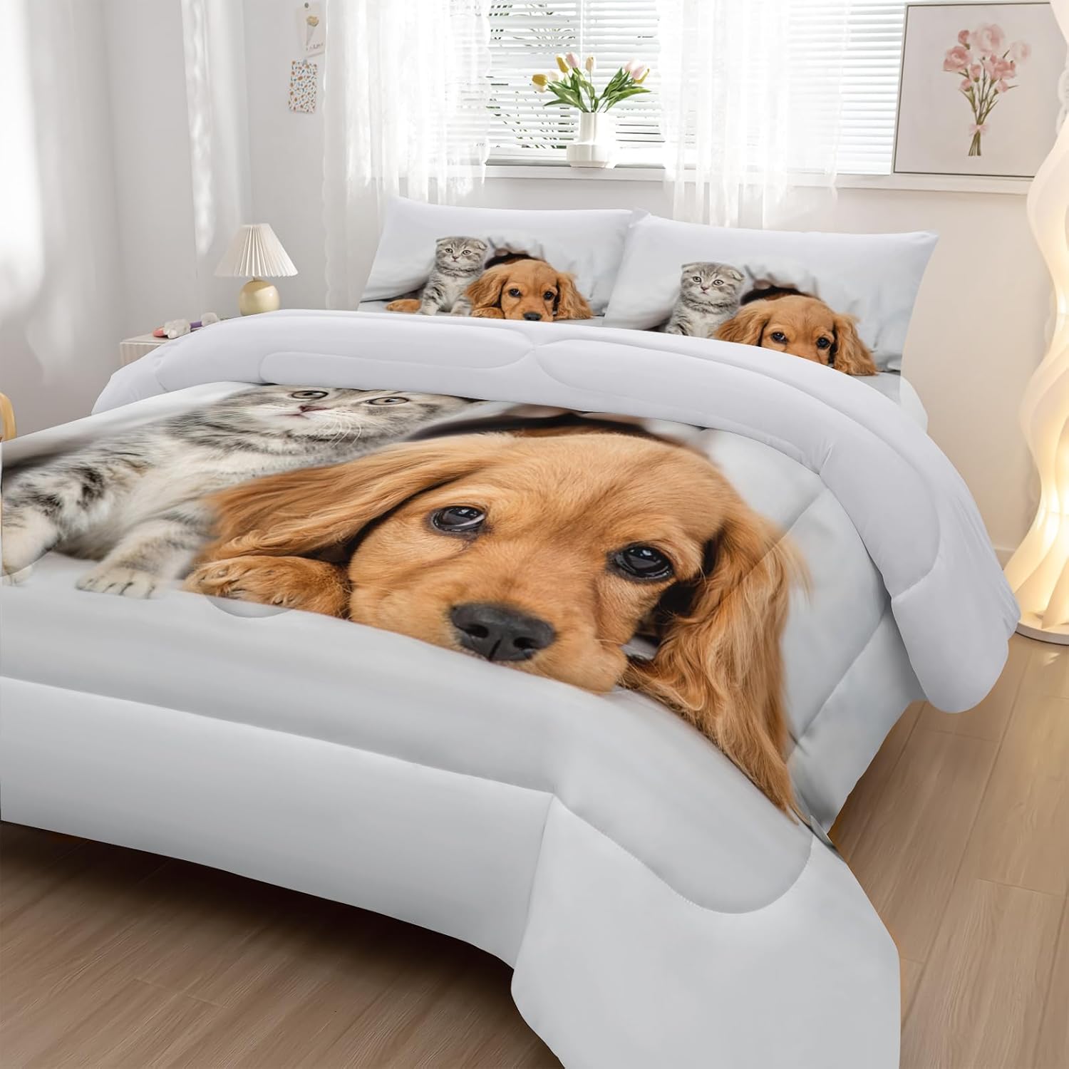Nttopship Kids Cute 3D Dog Comforter Set 3 Piece Cat and Golden Retriever Bedding Set Queen Size for Kids Cute Pet Bedding Bed in A Bag Bed,Pet Room Decor Comforter with 2 Pillowcases