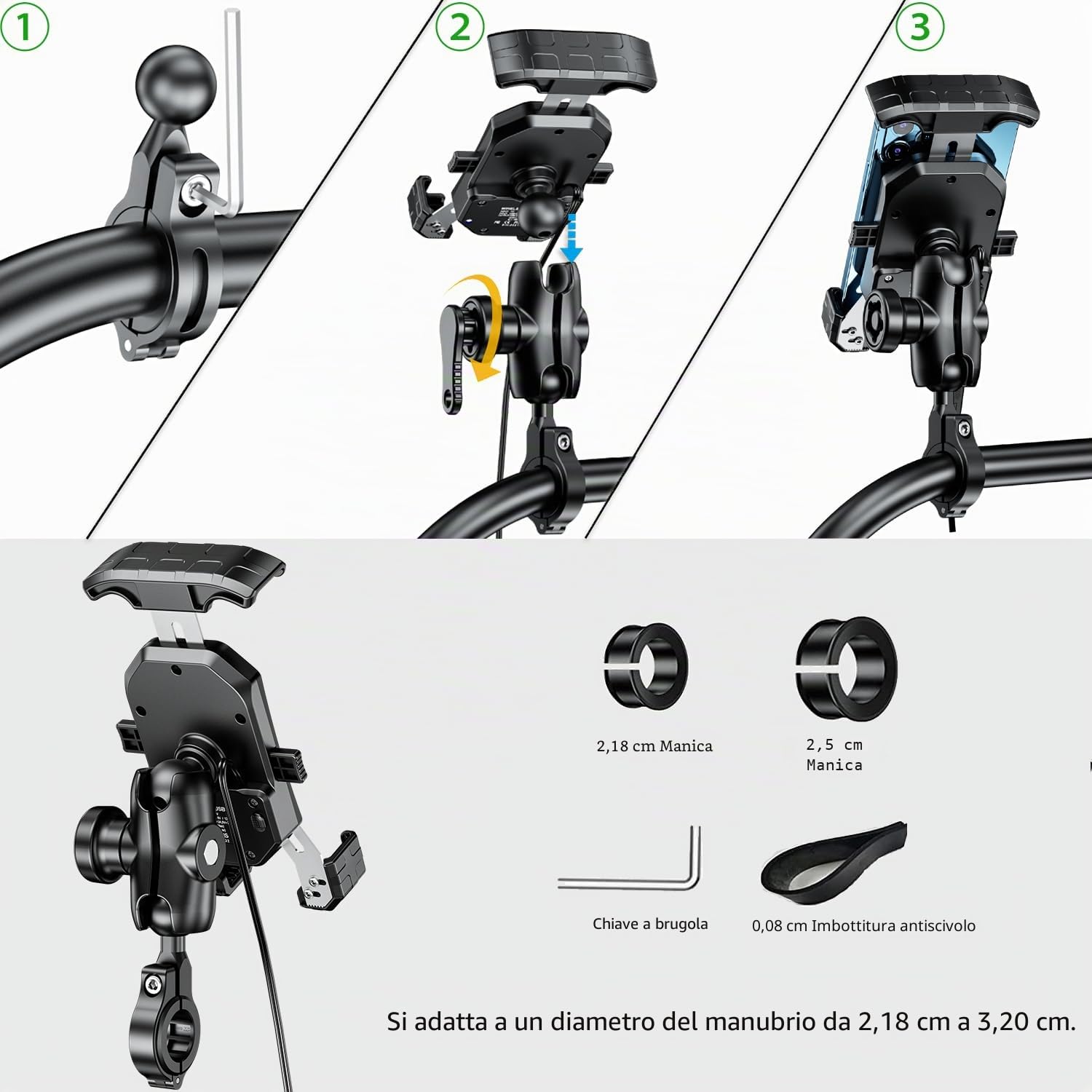 iMESTOU Supporto Telefono Moto Ricarica Wireless con Qi15W Caricatore USB C | Antifurto, 1" Adattatore a Sfera, Ricarica Rapida, 4.0"-7.0" Telefoni Cellulari, Adatto a Manubri da 22-32 mm
