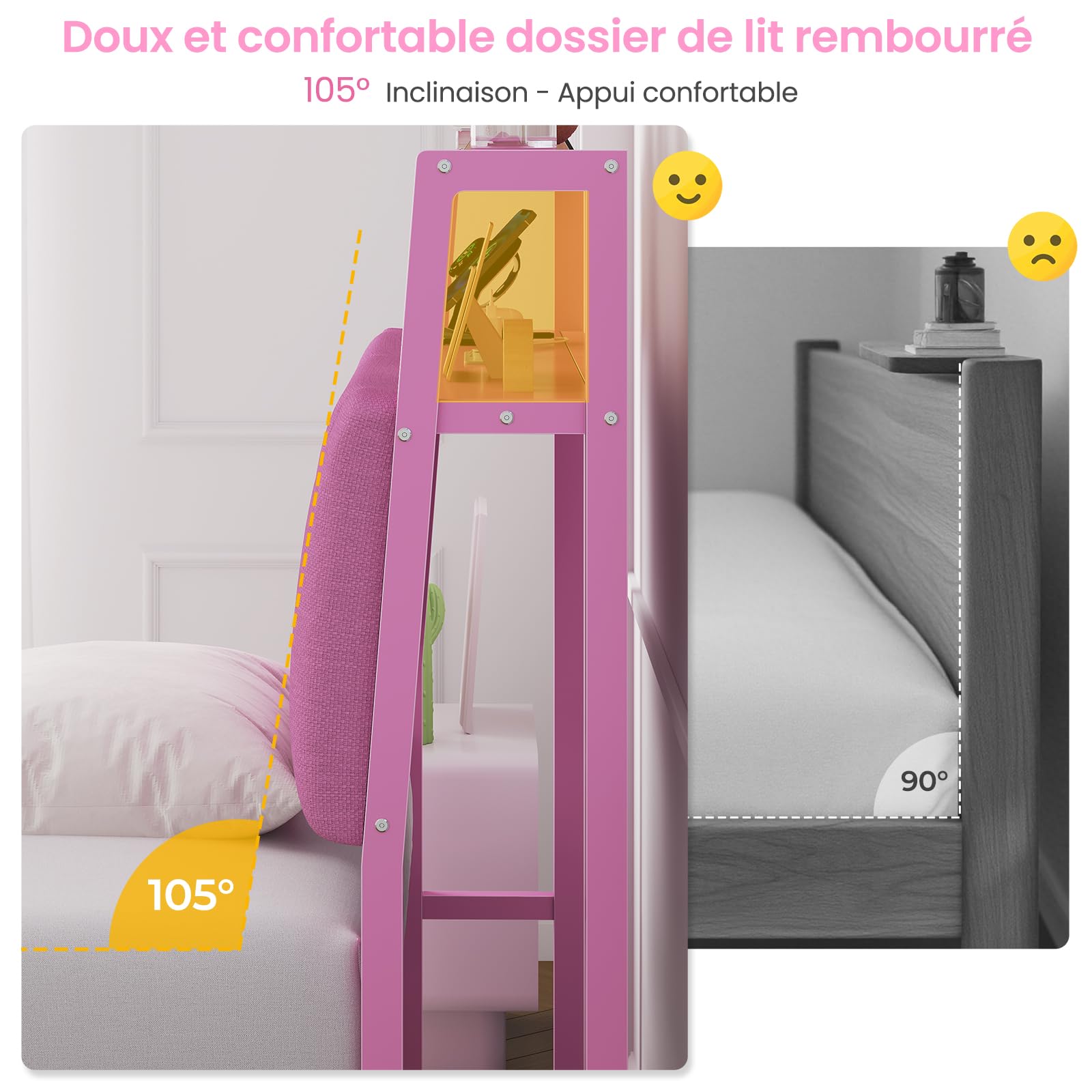 Brinlawb Lit Fille 90x190 cm avec Éclairage LED et Multiprise (2 Prises AC et 2 Ports USB) Cadre de Lit 90x190 avec Sommier Métal, Lit Enfant 90x190 cm, Facile à Assembler, Rose (Matelas Non Inclus)