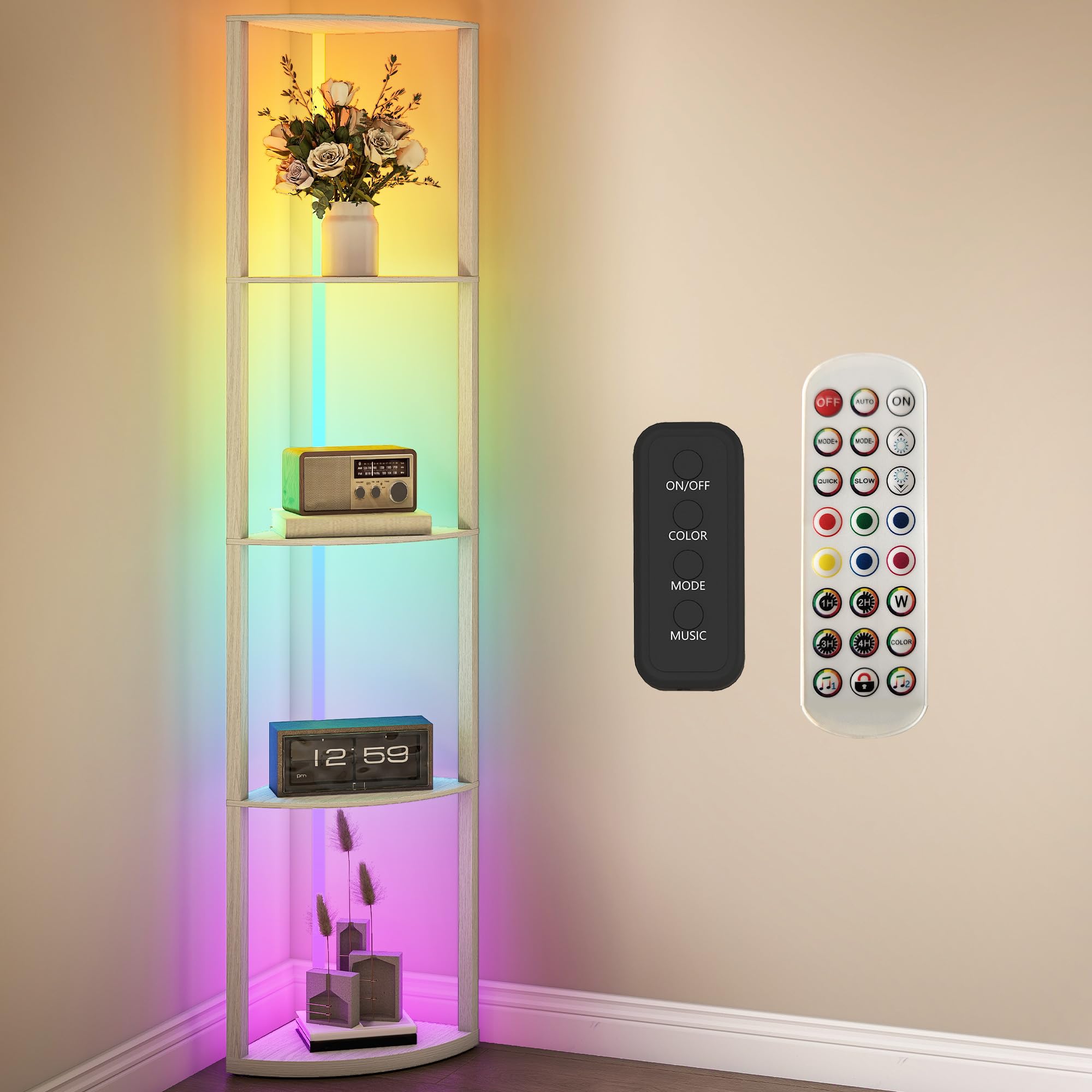 HOMCOM Floor Lamp - 5 Shelf - Oak - Dimmable RGB LED Lighting