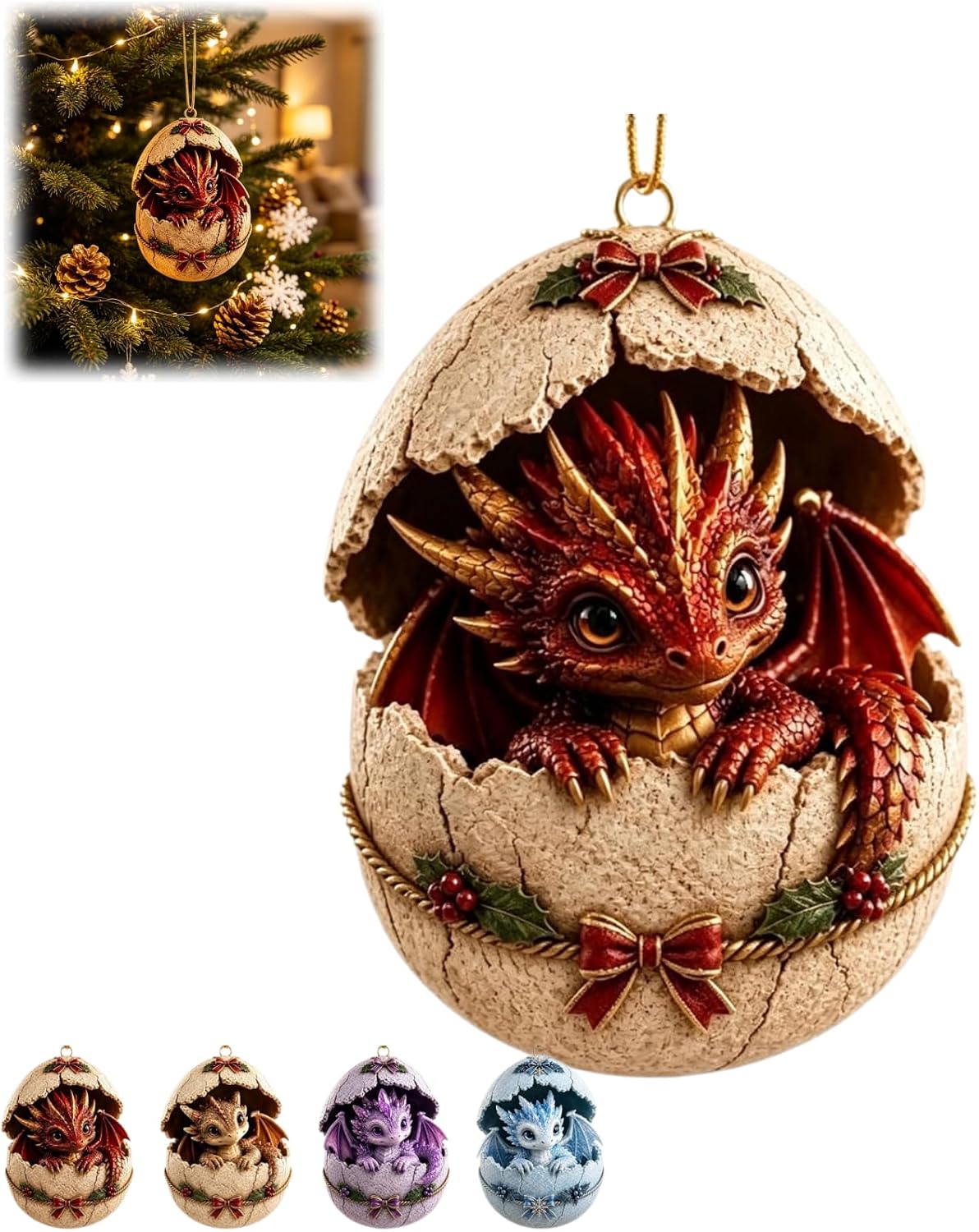 3D Cute Dragon in Egg Hanging Ornament, Resin Christmas Dragon Egg Ornament, Holiday Sculpture for Xmas Tree and Collectible Display