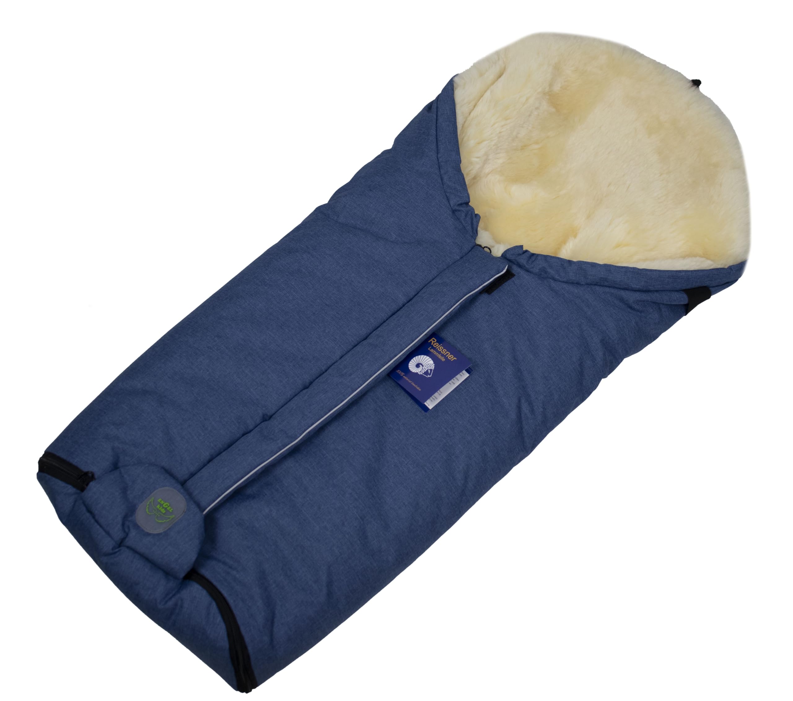 Reissner Lammfelle | Baby Fußsack ESKIMO | echtes Merino Lammfell | Mumienform | mit Reißverschluss | für Kinderwagen Buggy & Stroller | cobalt