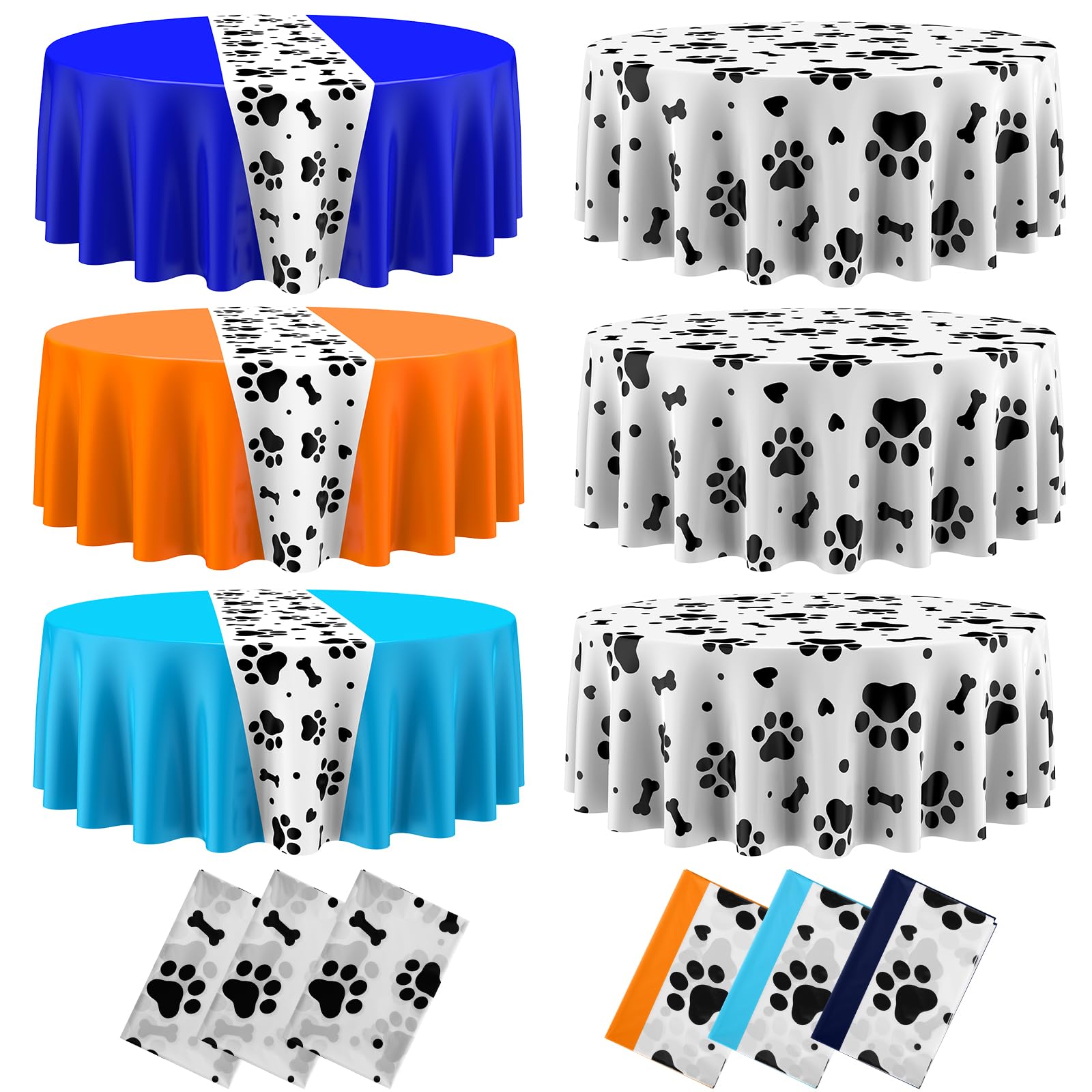 Oudain 6 Pcs 84" Paw Printed Plastic Tablecloths Disposable Round Bone Sign Large Table Covers for Dog Theme Birthday Party Decorations Boy and Girl