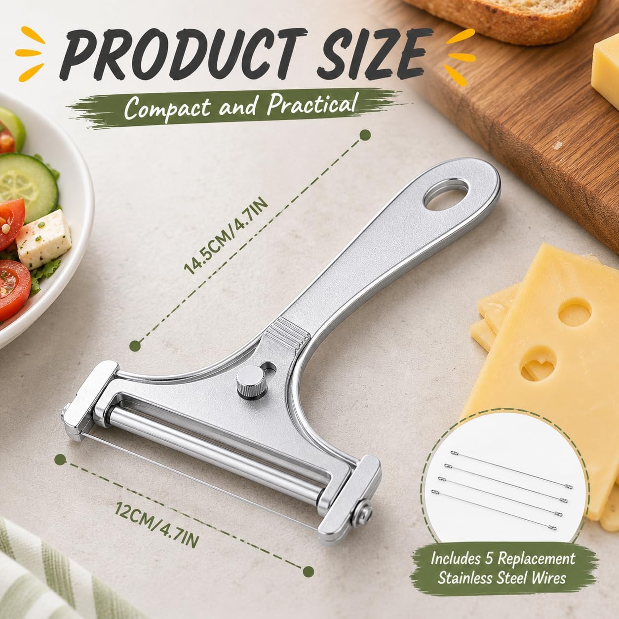 Adjustable Wire Cheese Slicer for Block Cheese, Stainless Steel Handheld Cheese Cutter with 4 Replacement Wires, Thickness Control for Mozzarella, Cheddar, Gruyere, Soft & Semi-Hard Cheese
