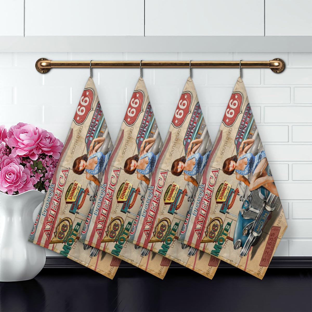 TropicalLife Lot de 1 torchon de cuisine motif affiche vintage de l'Amérique - 45 x 72 cm - Torchon de cuisine absorbant et réutilisable pour la maison, la restauration, le bar