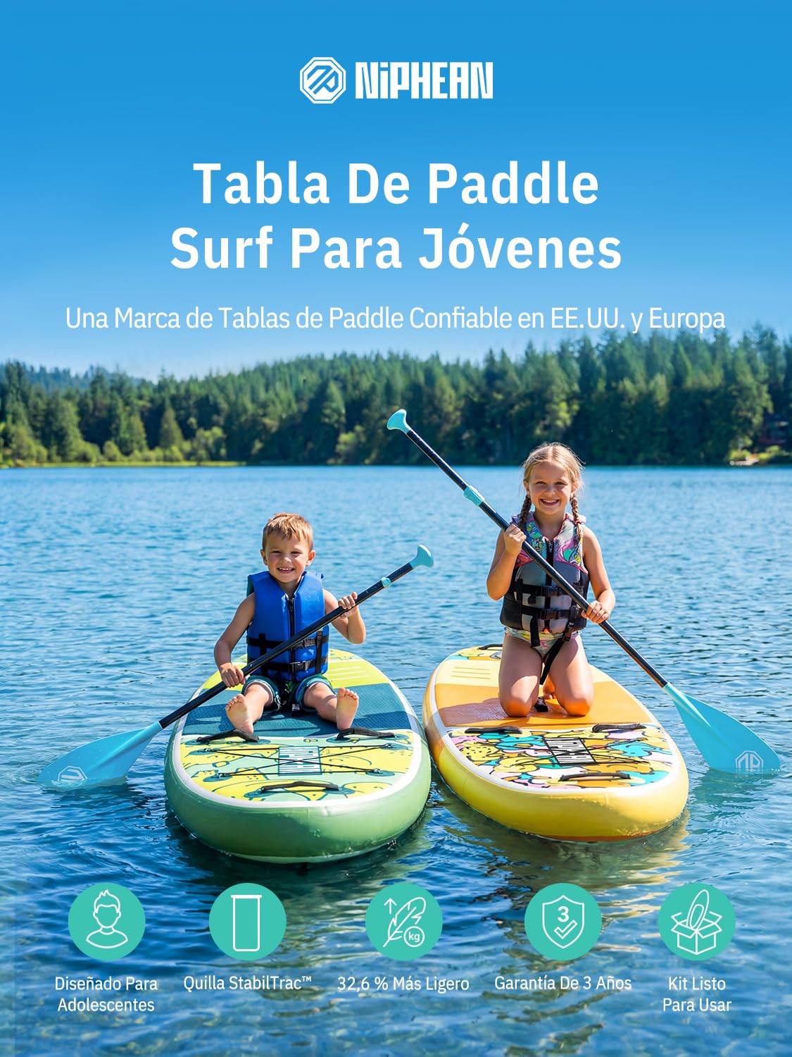 Niphean (Extra Grande) Tabla Paddle Surf Hinchable para 2+1 Personas/Familia, Paddle Surf con (Apto para Principiantes) Aleta Equilibrada, Funda Waterproof, Sup Board para Adultos, Regalo