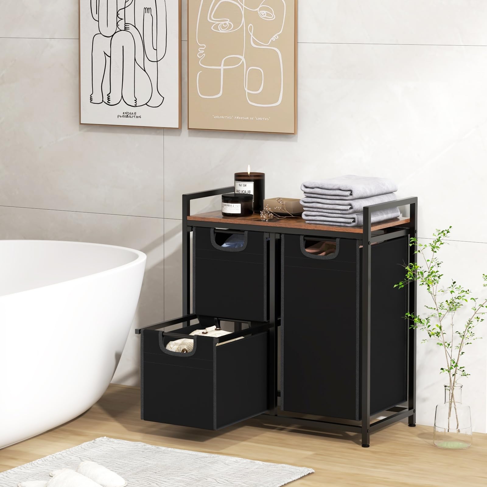 Giantex Laundry Hamper, Laundry Basket Organizer with 3 Pull-Out Removable Bags, Top Storage Shelf, Metal Frame, Laundry Sorter 3 Section for Laundry Room Bathroom Dorm, Rustic Brown & Black