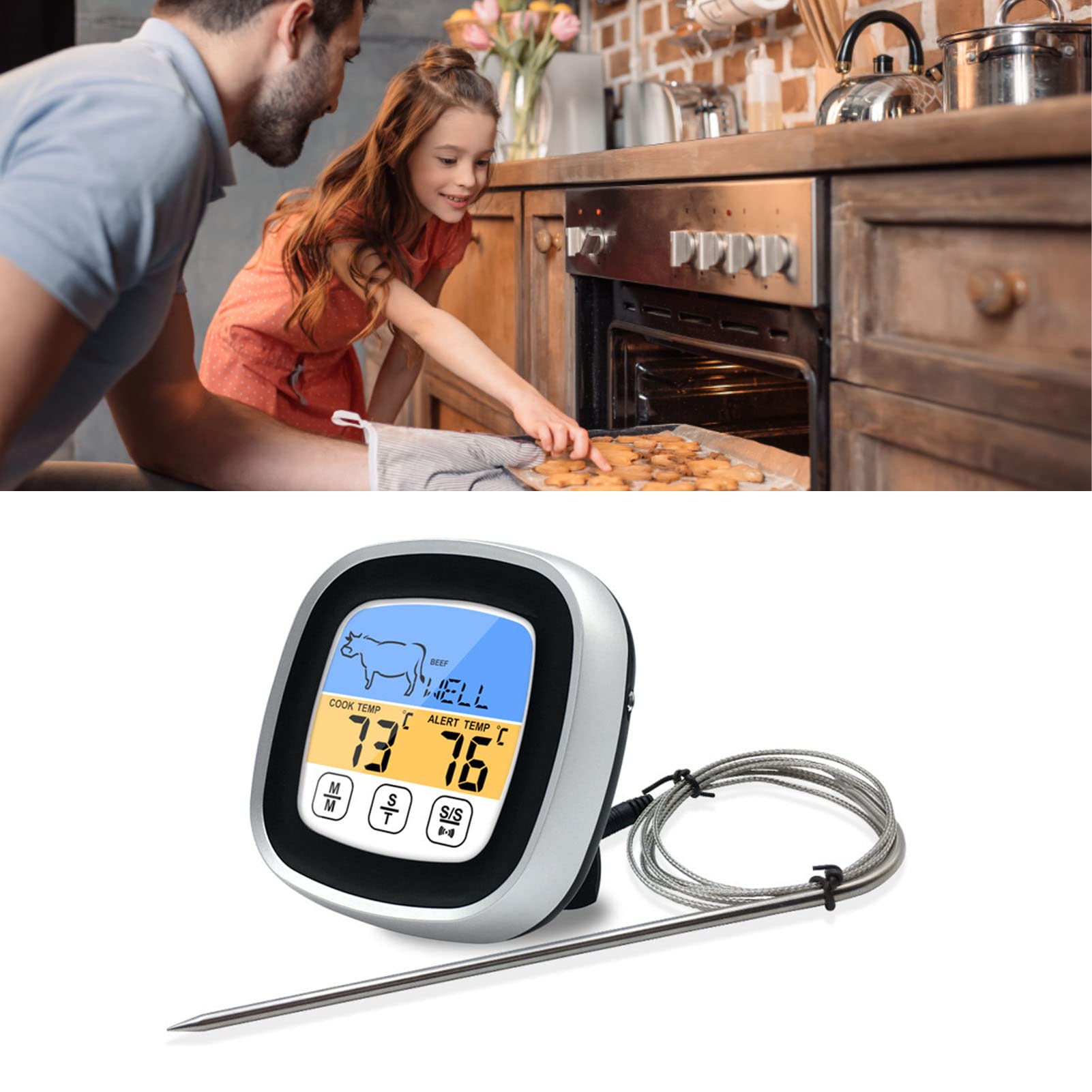 Wakects Digitales Fleischthermometer, Edelstahl-Touchscreen-Lebensmittelthermometer mit Hintergrundbeleuchtung, Alarmvoreinstellungen und Timer, Küche, Grillofen, Kochen für Hobbyköche und Anfänger