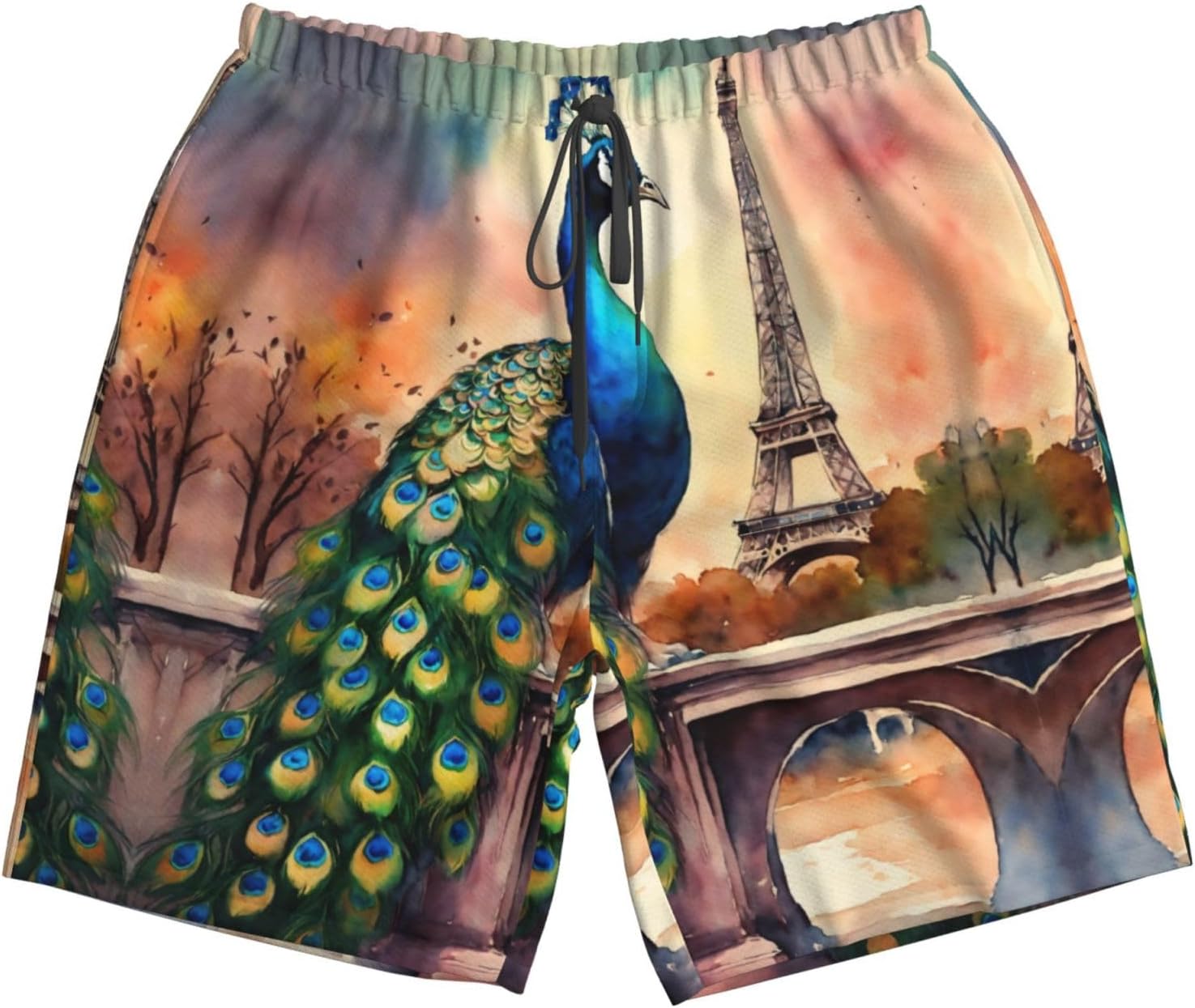 Oil Painting Paris Eiffel Tower Print Men's Swim Trunks Quick Dry Beach Shorts with Pockets Lining Swimwear Bathing Shorts