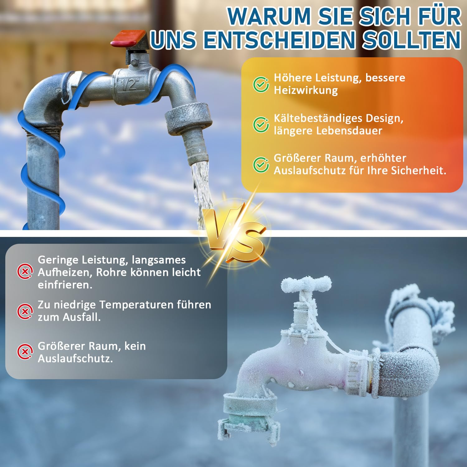 Câble chauffant avec thermostat, 2 m 17 W/M - Bande chauffante autorégulatrice - Protection contre le gel - Câble antigel - Pour conduite d'eau - Avec ruban adhésif de 10 m