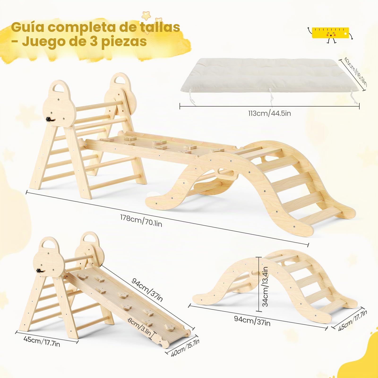 Conjunto de estructura para trepar Montessori de STYPLZ: triángulo para trepar en interior, arco para trepar con cojín y tobogán, juguete de trepado de madera, estructura para trepar de 1 a 5 años (3