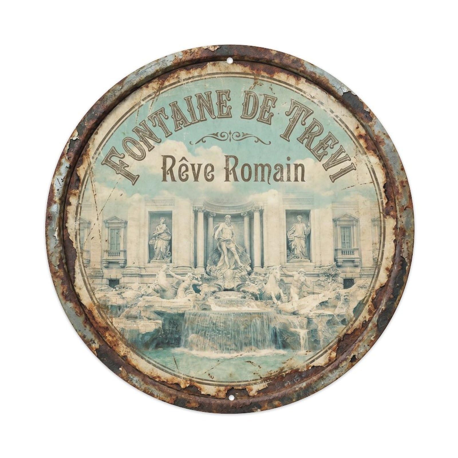 Vintage Travel Trevi Fountain Roma Metal Tin Sign Plaque Wall Decor for Cafe, Club, Garden Round Metal Poster 8x8Inch