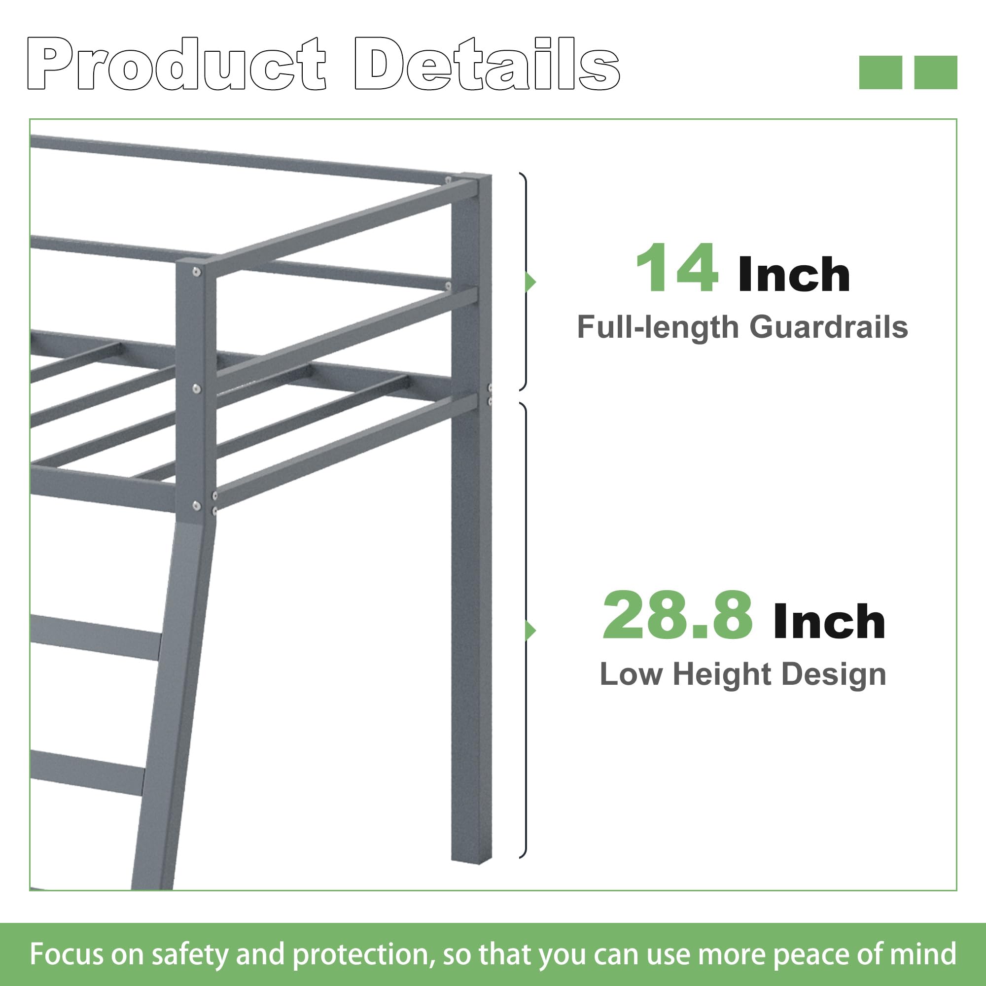 Cama tipo loft de metal bajo con escalera y barandilla para niños o adolescentes, cama tipo loft que ahorra espacio, tamaño individual para dormitorio pequeño, color gris 5