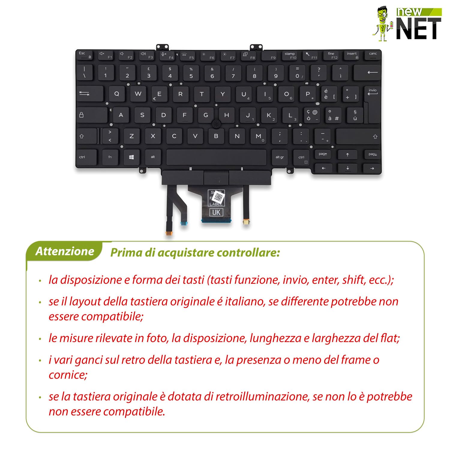 new net - Tastiera compatibile con Dell Latitude 5400, 5401, 5410, 5411 [Senza frame - colore tasti Nero - Trackpoint - Retroilluminata - Layout ITA]