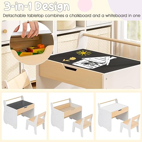 Miniatura 11 de Costzon Juego de mesa y silla para niños, mesa de arte con rollo de papel, cajón, 2 rotuladores, mesa de actividades de madera, adecuada para sala
